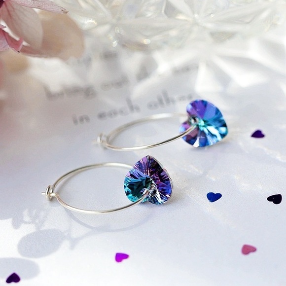 Any 2/$20! Silver Hoops w/Blue & Purple Iridescent Crystal Hearts Earrings - Picture 2 of 8
